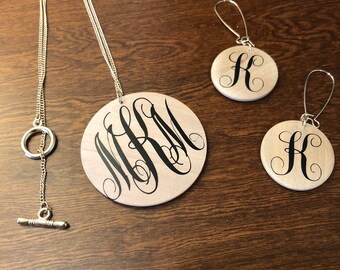 monogram Wooden jewelry set- earring and necklace set- personalized jewelry set- gift for her- jewelry set- monogram wooden necklace