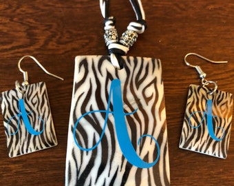 zebra print pendant- zebra print jewelry set- personalized jewelry set- personalized pendant- personalized earrings- zebra print earrings