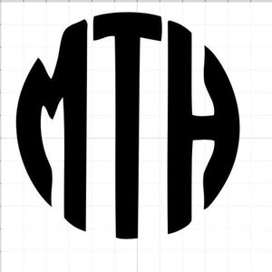 May include: Black monogram design featuring the letters MTH in a bold, rounded font. The letters are arranged within a circular shape, creating a cohesive and stylish design. The design is suitable for various personalized products.