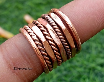 Anillo de alambre de cobre 100 % puro, juego de 8 anillos de cobre para hombre y mujer, anillos de cobre curativos de alambre trenzado hechos a mano, anillos de cobre minimalistas.