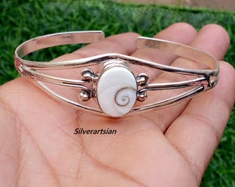 Natural Shiva Eye Shell Gemstone Bracelet, 925 Sterling Silver Bangle, Vintage  Handmade Bangle, Adjustable Bracelet, Gift For Girlfriend.