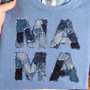 Denim patchwork mama png, jeans mama png, mama patchwork, retro life mama png