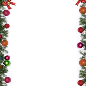 May include: A festive Christmas border with evergreen branches, adorned with colorful ornaments in shades of red, green, orange, and purple. Red bows add a touch of elegance. The frame is set against a white background.