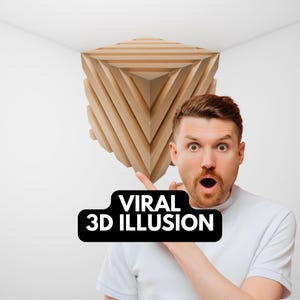 Puede incluir: Una escultura geométrica de madera con un diseño de ilusión 3D. La escultura está hecha de madera de color claro y está montada en una pared blanca. El texto "VIRAL 3D ILLUSION" se muestra en una pancarta negra.