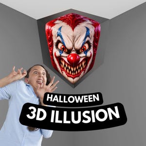 May include: A wall decal featuring a 3D illusion of a menacing clown face with red hair, blue markings, and sharp teeth, positioned in a corner. Below the clown, a black banner displays the white text HALLOWEEN 3D ILLUSION in bold letters.