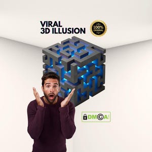 Puede incluir: Una ilusión de cubo 3D gris con un diseño laberíntico e iluminación interna azul. Las palabras "VIRAL 3D ILLUSION" están en la parte superior, con un sello "100% ORIGINAL". Una persona con expresión de sorpresa está en primer plano.
