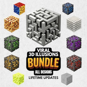 Puede incluir: Imagen que muestra un conjunto de cubos de ilusión 3D en varios colores y diseños, incluyendo un cubo laberíntico y cubos con patrones internos. La imagen incluye el texto "VIRAL 3D ILLUSIONS BUNDLE" y "ALL DESIGNS LIFETIME UPDATES".