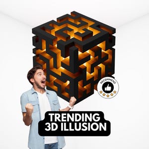May include: A black and gold 3D cube maze with the text "TRENDING 3D ILLUSION". The cube is lit from within, creating a glowing effect. A person is in the foreground, looking up with an excited expression. A "Recommend" badge is also visible.
