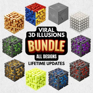 Puede incluir: Una colección de nueve cubos de ilusión 3D en varios diseños y colores. Los cubos presentan patrones geométricos, laberintos e ilusiones ópticas. La imagen incluye el texto "VIRAL 3D ILLUSIONS BUNDLE", "ALL DESIGNS" y "LIFETIME UPDATES".