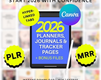 2026 Planners & Journals Bundle, MRR PLR Planner, Editable Canva Templates, Rebrand Resell, Digital Product + Freebies
