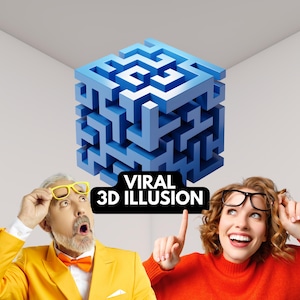 Puede incluir: Un cubo laberinto 3D azul flota sobre dos personas con gafas, una amarilla y otra negra. El hombre lleva un traje amarillo y una pajarita naranja. La mujer lleva un suéter rojo. El texto dice "VIRAL 3D ILLUSION".