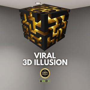 Puede incluir: Una lámpara negra y dorada en forma de cubo con un diseño laberíntico. El texto "VIRAL 3D ILLUSION" se muestra debajo, junto con un sello dorado que dice "100% ORIGINAL".