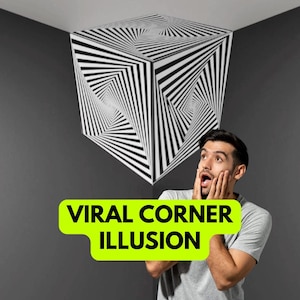 May include: A black and white optical illusion cube mounted in a corner, with a person looking up in amazement. The text "VIRAL CORNER ILLUSION" is in a green banner at the bottom.