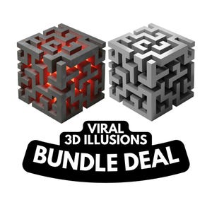 Puede incluir: Dos ilusiones 3D grises en forma de cubo con diseños de laberinto. Un cubo tiene un brillo rojo que emana desde adentro. La imagen incluye una pancarta negra con el texto "VIRAL 3D ILLUSIONS BUNDLE DEAL."