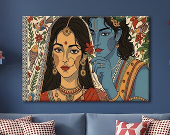 Radha Krishna Canvas Wall Art, Traditional Indian Mythology Poster, Madhubani Inspired Decor