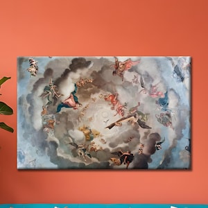 May include: A large rectangular canvas print depicting a Renaissance-style ceiling fresco with figures in clouds. The artwork is mounted on a red-orange wall above a turquoise sofa with colorful pillows. A floor lamp and potted plants are also in the room.