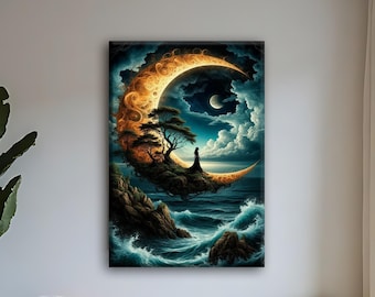 シュールな月と海のキャンバス壁アート、夢のような海景画、ファンタジーな壁装飾