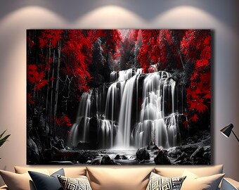 Black and White Waterfall Canvas Art, Nature Photography Print, Landscape Wall Poster