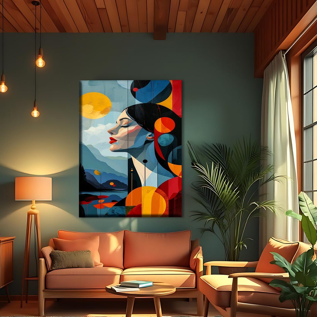 Abstract Woman Portrait Canvas Wall Art, Red and Blue Modern Female ...