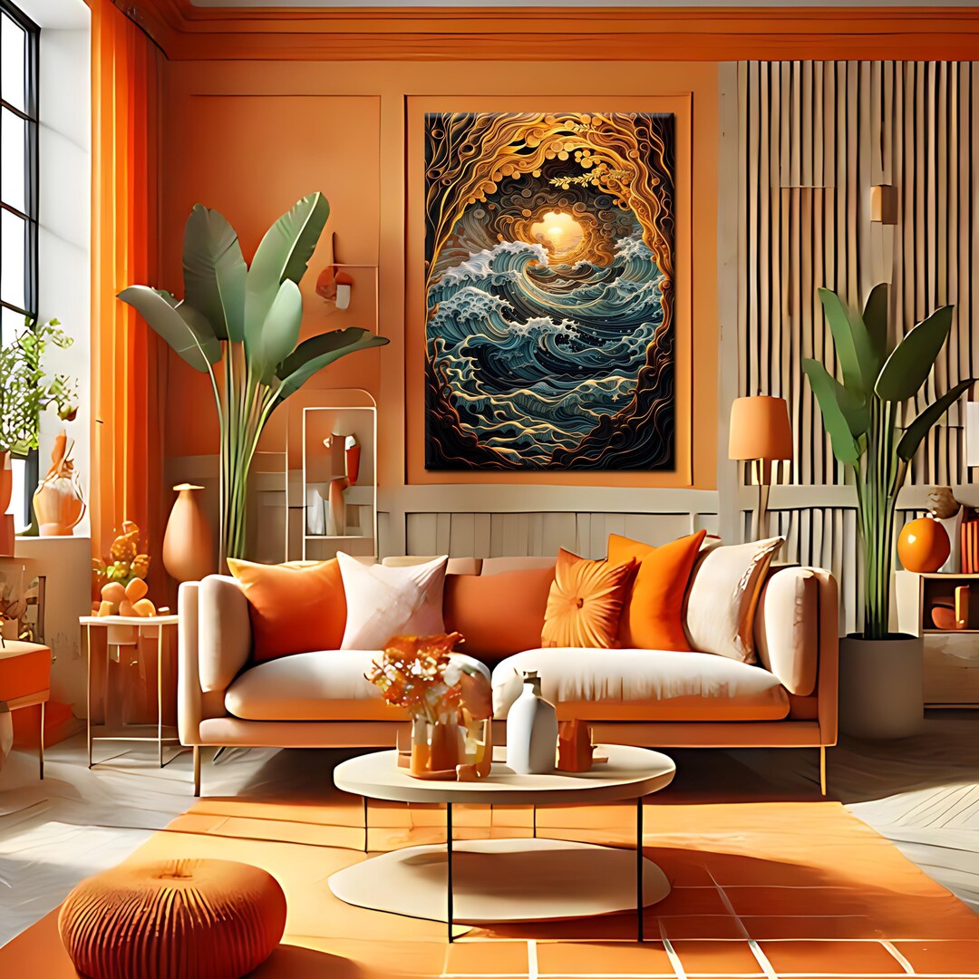 Abstract Ocean Wave Canvas Wall Art, Gold Sun and Blue Sea Swirls - Etsy