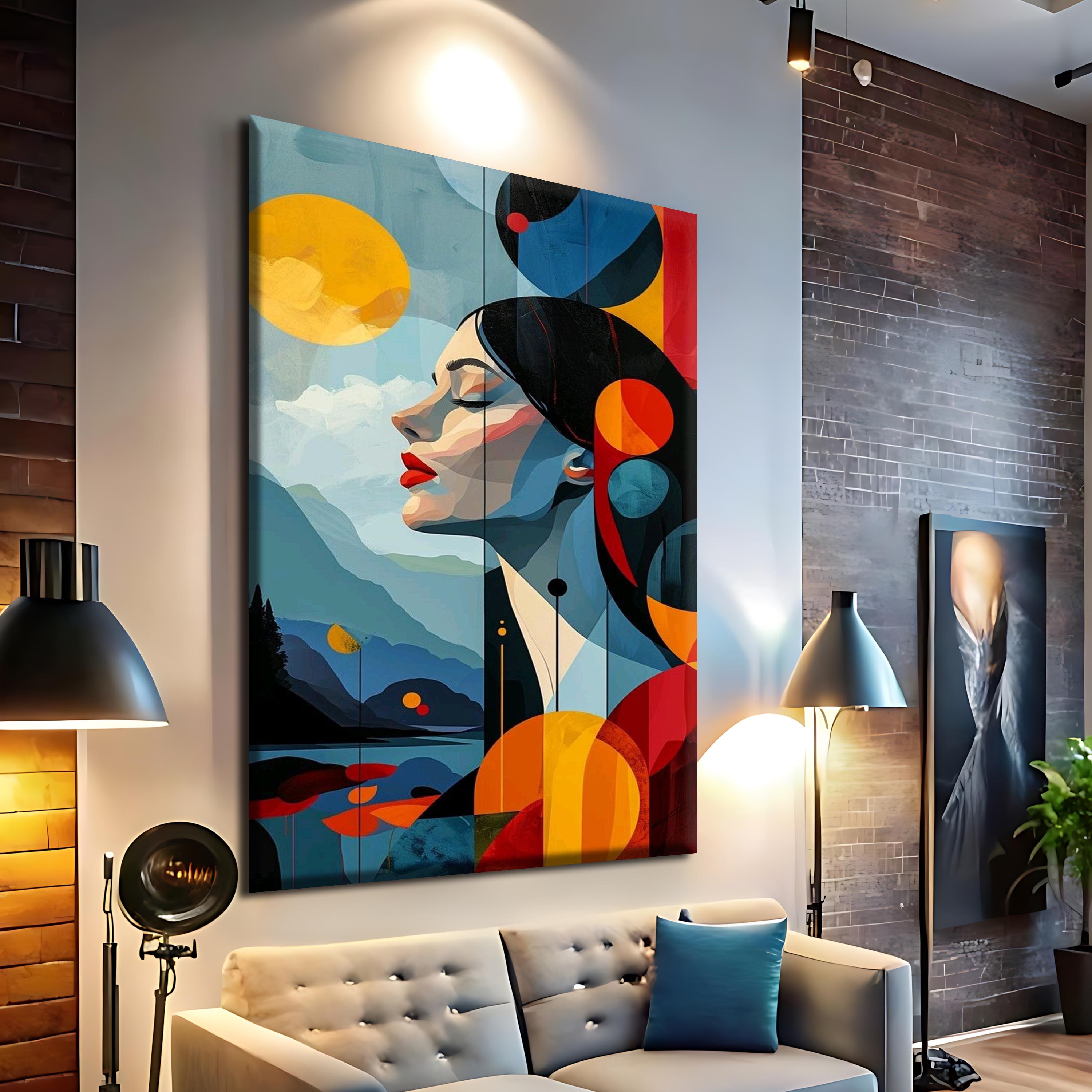 Abstract Woman Portrait Canvas Wall Art, Red and Blue Modern Female ...