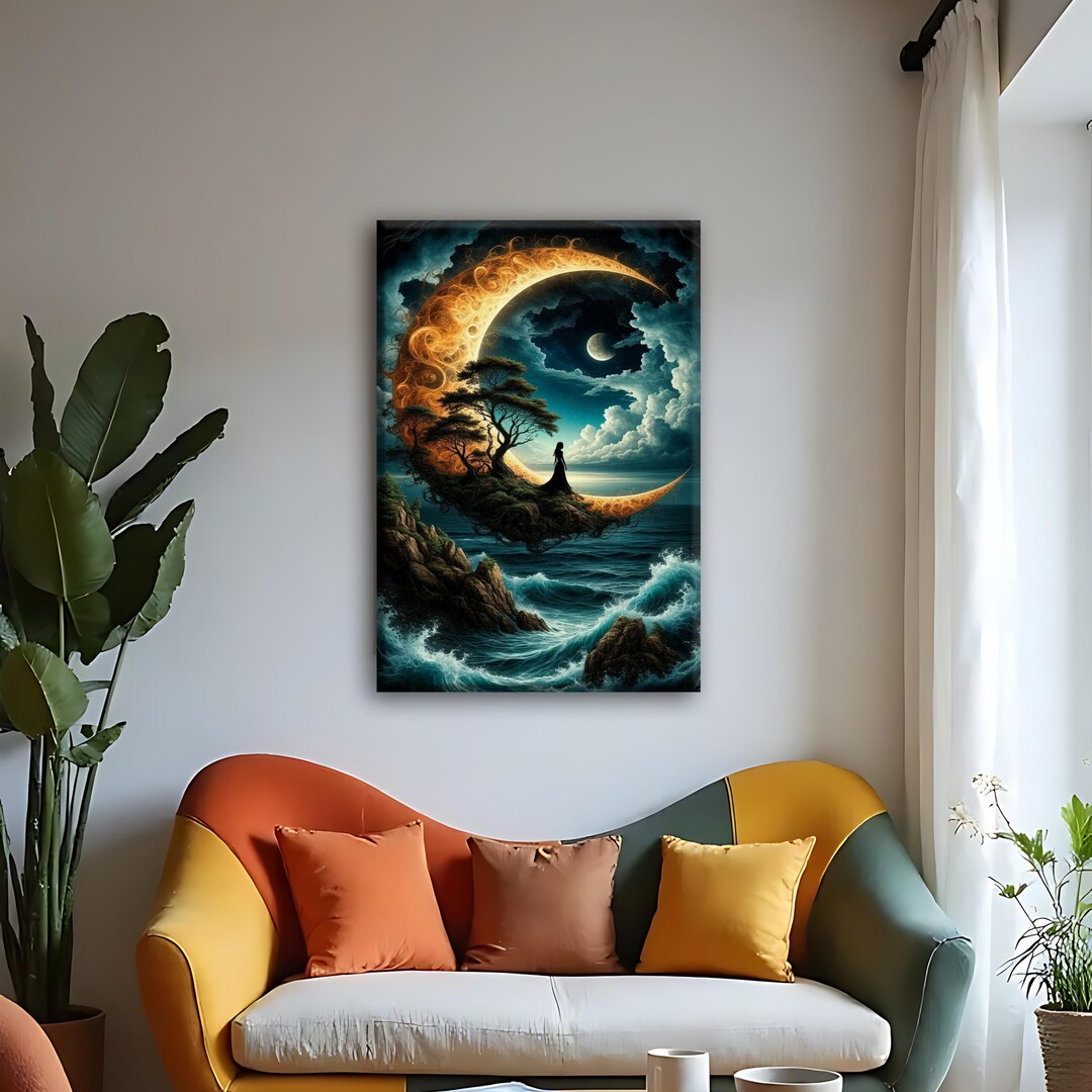 Surreal Moon and Ocean Canvas Wall Art, Dreamy Seascape Painting ...