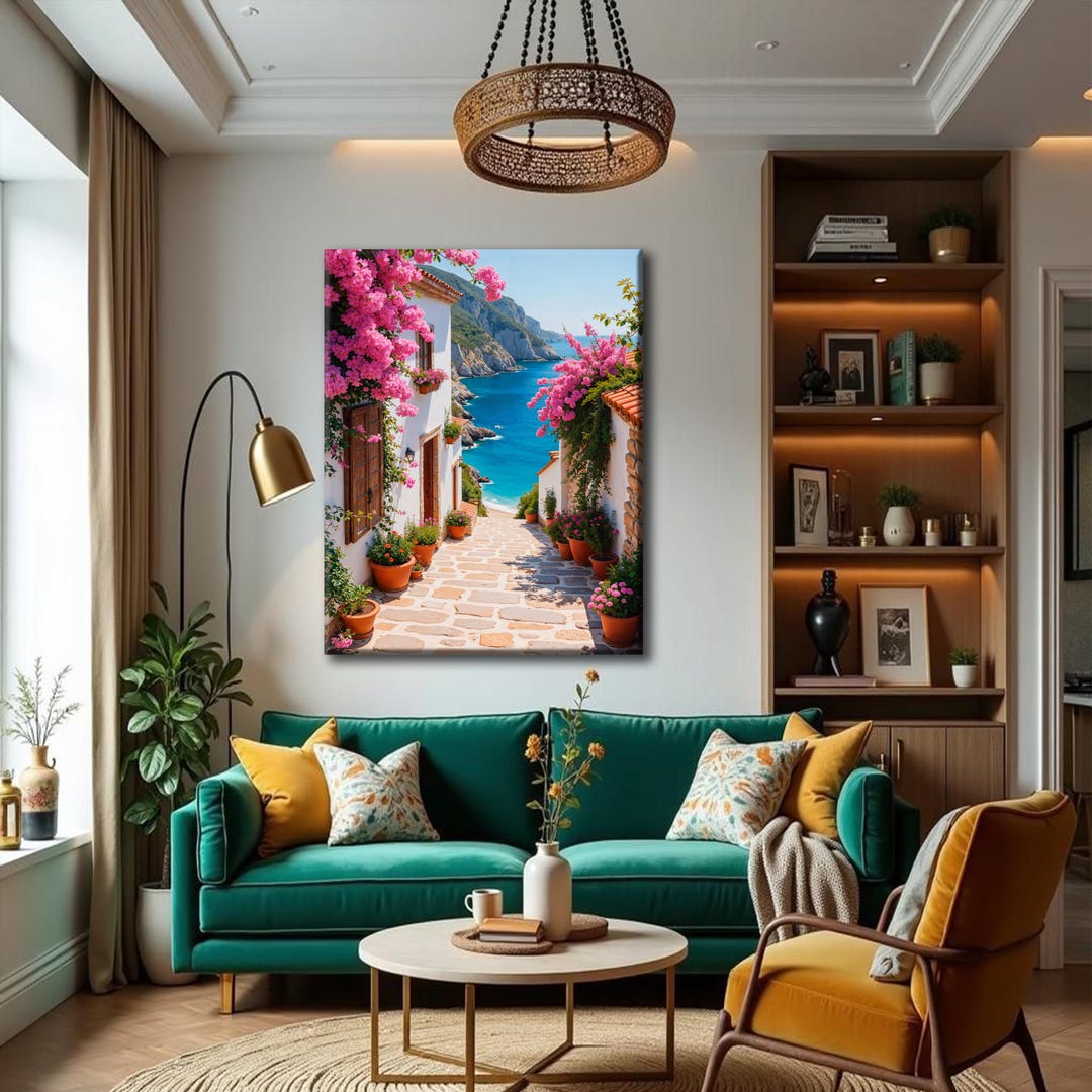 Mediterranean Coastal Village Canvas Wall Art, Scenic Ocean View ...