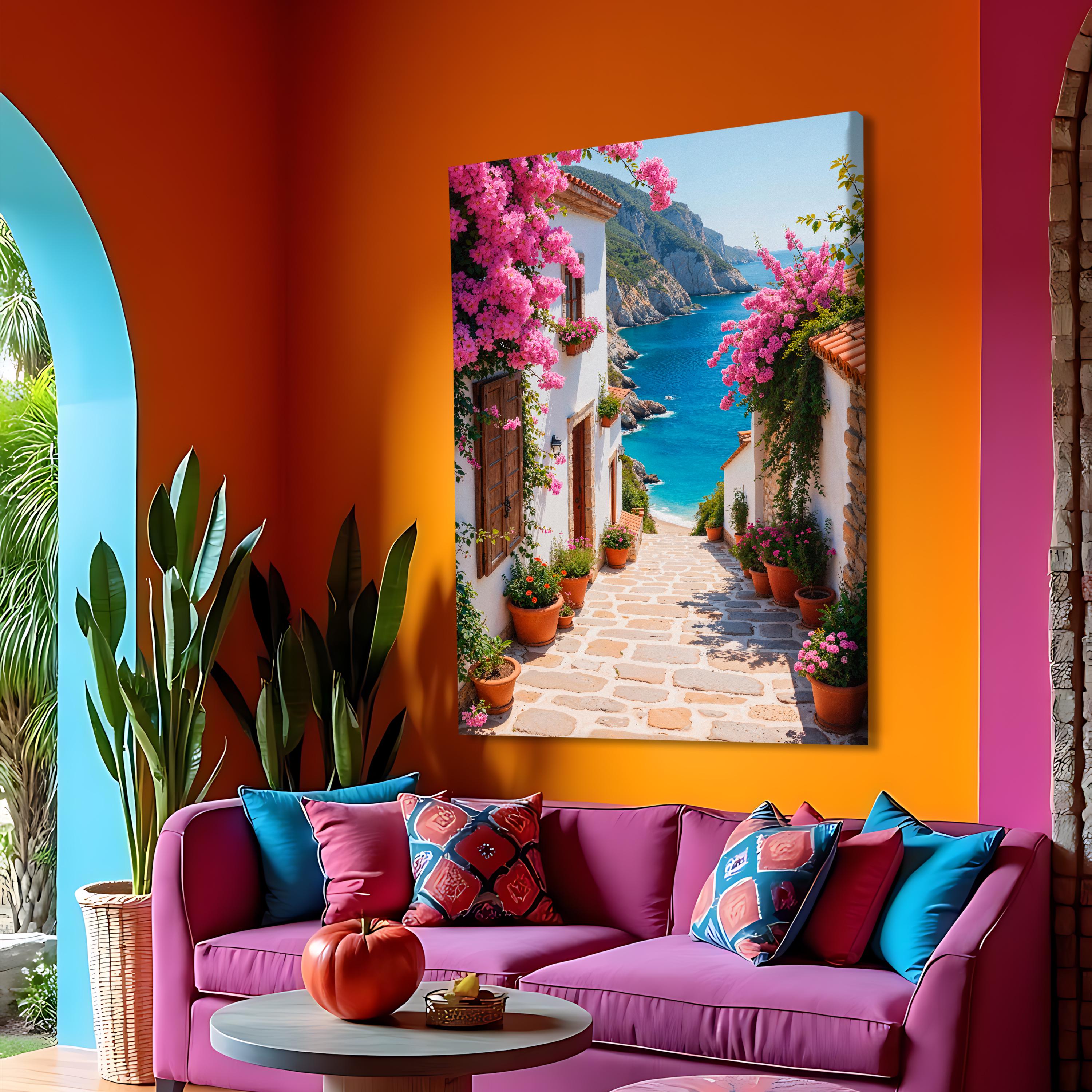 Mediterranean Coastal Village Canvas Wall Art, Scenic Ocean View ...