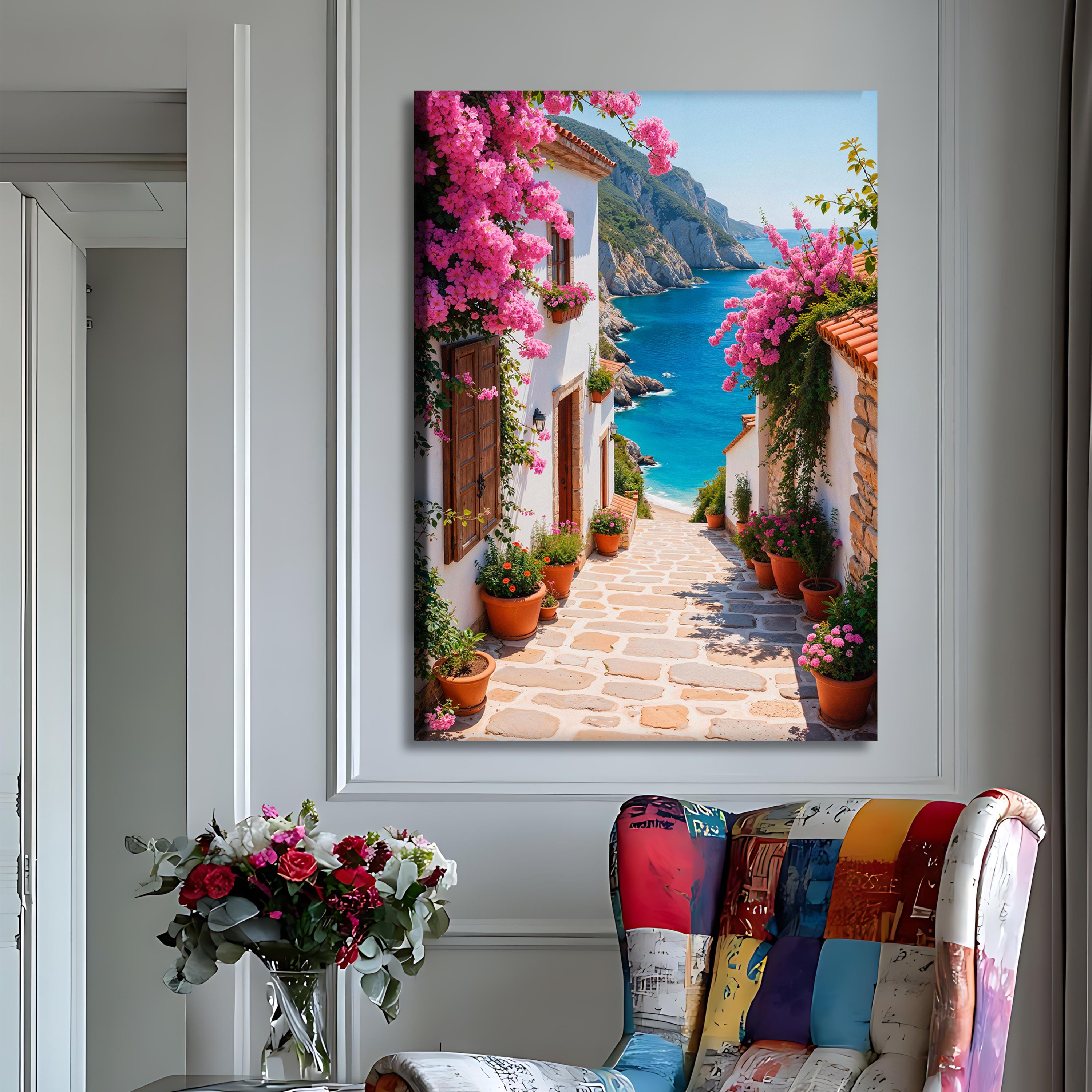 Mediterranean Coastal Village Canvas Wall Art, Scenic Ocean View ...