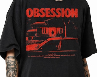 Obsession Shirt, Red Neon Horror Movie Aesthetic T-shirt, Retro 90s Gothic Grunge Graphic Tee, Edgy Streetwear Goth Heavy Metal Clothes