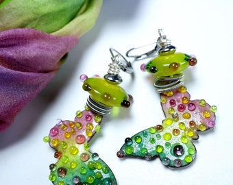 Colorful earrings, handmade Murano glass enamel earrings, lampwork glass bead earrings, glass jewelry by felirano O-27