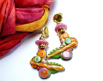 Colorful earrings, handmade Murano glass enamel earrings, lampwork glass bead earrings, glass jewelry by felirano O-30