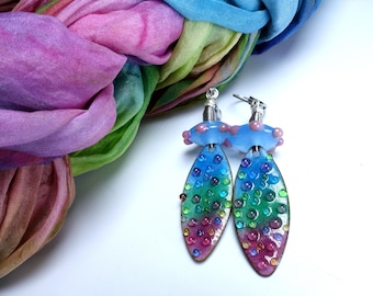 Colorful earrings, handmade Murano glass enamel earrings, lampwork glass bead earrings, glass jewelry by felirano O-17