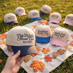Peut inclure: Une collection de casquettes de baseball beiges avec des visières colorées et du texte personnalisé. Une casquette porte 'The DeAnda Social Club Est. 2026' en bleu marine, une autre 'Roosters Bachelor Party est 2026' en bleu et d'autres 'Walk by Faith Not by Sight EST. 2025' en rose.