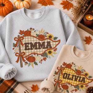 Sudadera personalizada de otoño, camiseta con nombre bordado personalizado, pancarta de campo de calabazas, regalo de otoño, ropa de otoño, regalo personalizado para ella