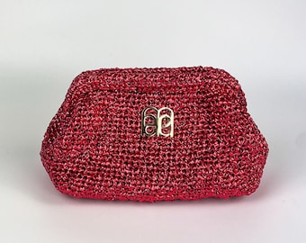 Red Metallic Crochet Clutch Bag with Clasp, Handmade Evening Purse, Lightweight Handwoven Accessory