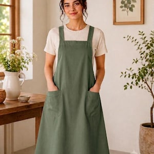 May include: A sage green pinafore apron featuring a square neckline, wide shoulder straps, and two large patch pockets on the front. The apron is worn over a short-sleeved, cream-colored crew neck t-shirt, creating a layered look with a simple design.