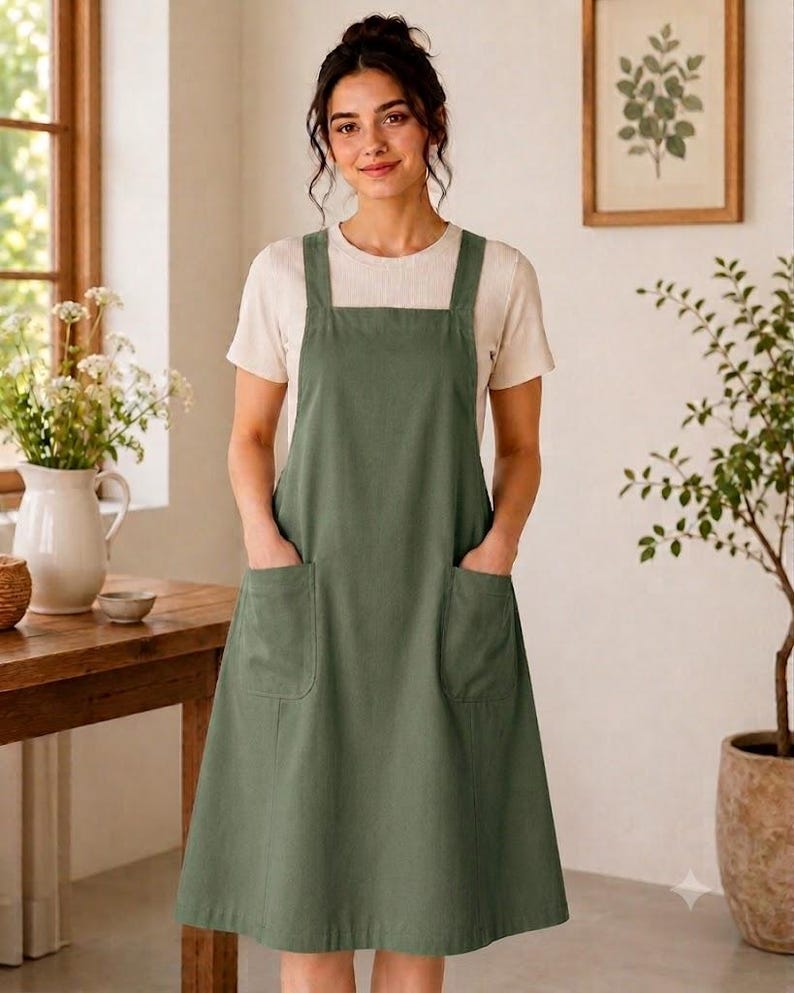 May include: A sage green pinafore apron featuring a square neckline, wide shoulder straps, and two large patch pockets on the front. The apron is worn over a short-sleeved, cream-colored crew neck t-shirt, creating a layered look with a simple design.