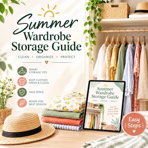 May include: A Summer Wardrobe Storage Guide infographic featuring text, icons, and a tablet displaying the same guide. A straw hat, a stack of folded garments, and hanging clothes are visible. The guide includes the text: Summer Wardrobe Storage Guide, Clean, Organize, Protect, Smart Storage Tips, Keep Clothes Fresh & Clean, Save Space, Ready for Next Season, and Easy Steps.