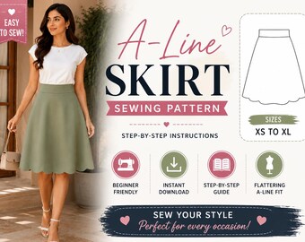 Een lijnrok naaipatroon pdf | Rokpatroon dames | Eenvoudig naaipatroon | Rok met geschulpte zoom | XS XL | Direct downloaden
