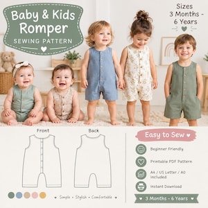 Op de afbeelding: Een naaipatroon voor een baby- en kinderromper met de tekst 'Baby & Kids Romper SEWING PATTERN' en 'Sizes 3 Months - 6 Years'. De afbeelding toont vier kinderen in verschillende rompertjes en een technische lijntekening van de voor- en achterkant.