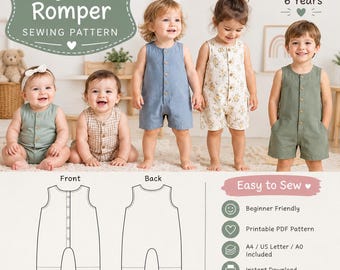 Baby Romper Sewing Pattern, Kids Romper PDF Pattern, 3 Months to 6 Years, Unisex Jumpsuit Pattern, Instant Download