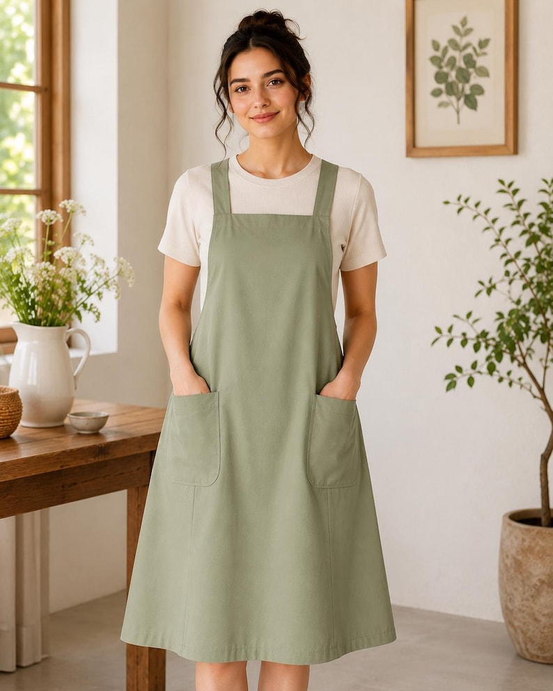 May include: A sage green apron with wide shoulder straps and two large front patch pockets. The apron features a straight neckline and a knee-length skirt, worn over a plain short-sleeved cream-colored t-shirt made of a solid fabric.