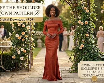 Naaipatroon off-shoulder avondjurk | Formele jurk tot op de grond (digitale download)