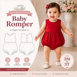 Op de afbeelding: Een baby draagt een rode romper, met een bijpassende rode strik in het haar en witte schoenen. De afbeelding toont ook een naaipatroon voor een babyromper, met de tekst "Baby Romper" en "Easy to Sew". De maat is 3M tot 3T.