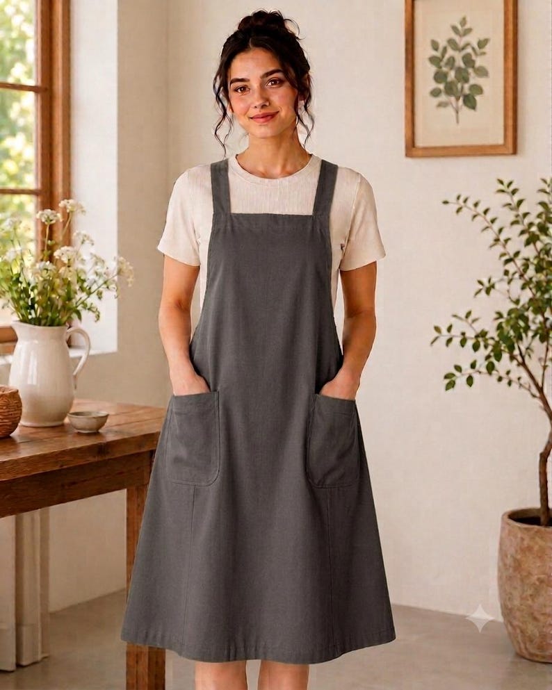 May include: A charcoal gray pinafore apron featuring a square neckline, thick shoulder straps, and two large front patch pockets. The apron is worn over a short-sleeved, light beige crew-neck t-shirt, creating a layered look with a simple silhouette.