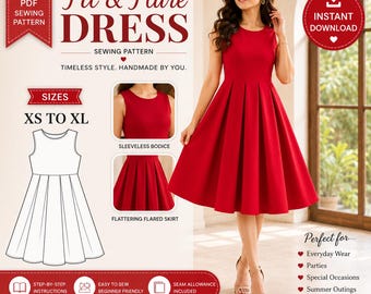 Molde para Vestido Evasê em PDF | Molde para Vestido Midi Sem Mangas Feminino | Molde para Costura Imprimível Tamanhos PP-GG | A4 Carta Americana A0