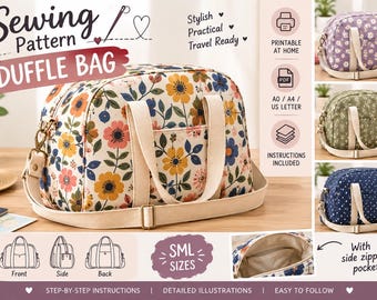 May include: A sewing pattern for a duffle bag featuring a floral print with yellow, orange, and blue flowers on a cream background. The bag has two cream-colored fabric handles, an adjustable shoulder strap, and a side zipper pocket. Includes instructions.