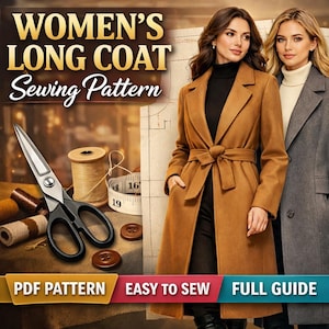 Patron de couture de manteau long pour femme, téléchargement numérique au format PDF, taille XS-XXL, modèle de trench-coat pour femme, pardessus d'hiver bricolage, instructions détaillées