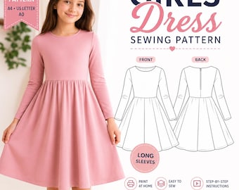 May include: A digital PDF sewing pattern for a long-sleeved dress, featuring a pink dress on a person and technical line drawings of the front and back views. Text includes GIRLS Dress SEWING PATTERN, SIZES 2-16 YEARS, and PRINT AT HOME.